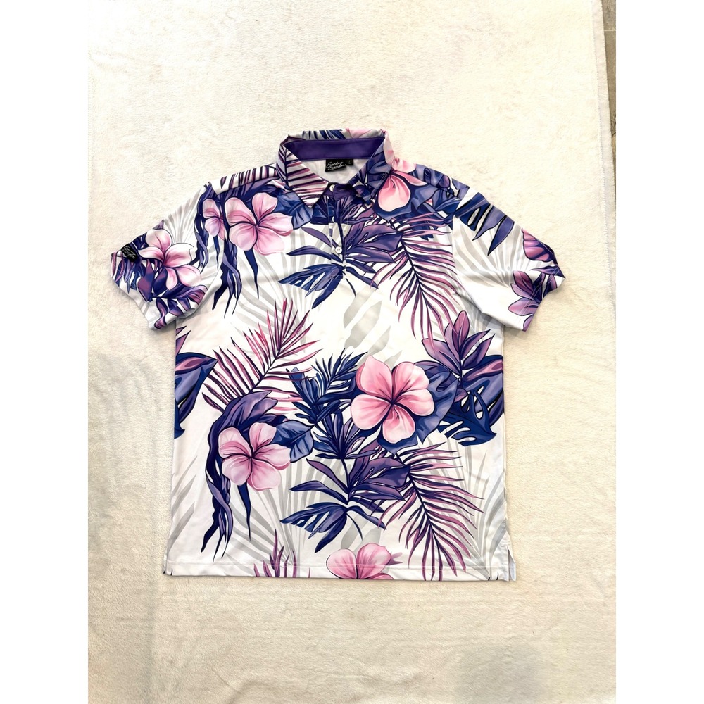 Sunday Swagger Kokomo Floral Golf Polo Shirt Mens Large Purple Pink Tropical L